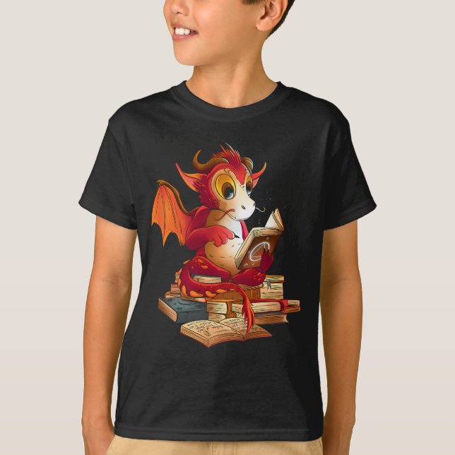 Funny red dragon reading books librarian dragon T-Shirt (Front)