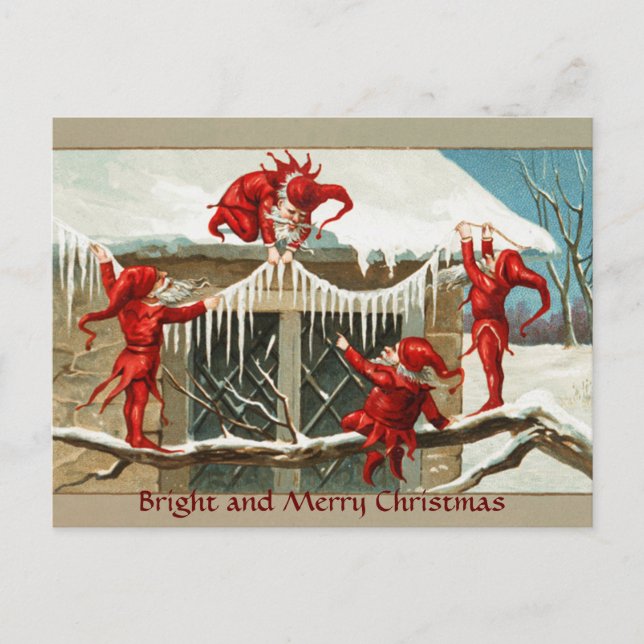 FUNNY RED ELVES AND CHRISTMAS DECOR WITH ICICLES HOLIDAY POSTCARD (Front)