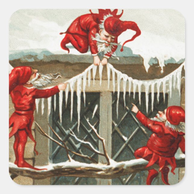 FUNNY RED ELVES AND CHRISTMAS DECOR WITH ICICLES SQUARE STICKER (Front)