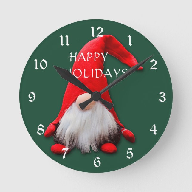 Funny Red Gnome Christmas Round Clock (Front)