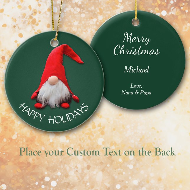 Funny Red Gnome Happy Holidays Ceramic Ornament (Creator Uploaded)