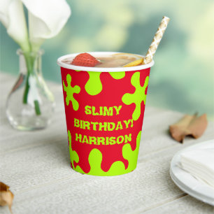 Funny red green slime custom name birthday paper cups