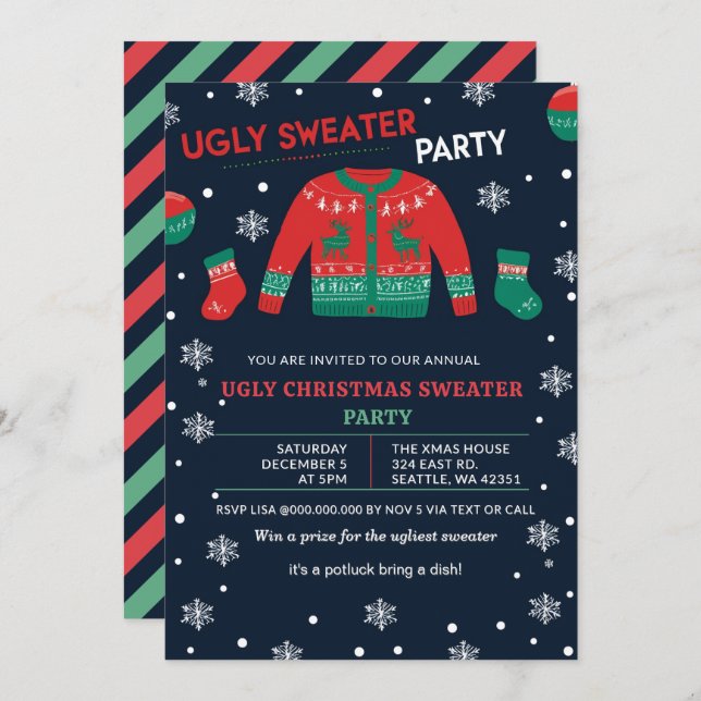 Funny Red Green Ugly Christmas Sweater Party Invitation (Front/Back)