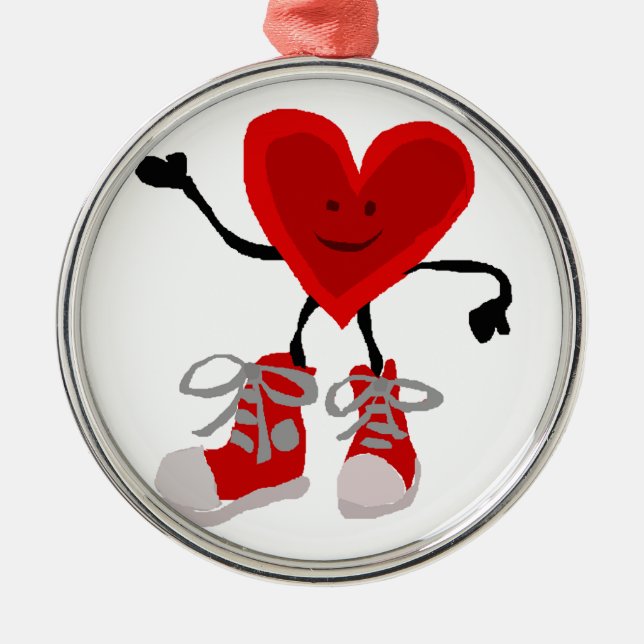 Funny Red Heart in Sneakers Cartoon Metal Ornament (Front)
