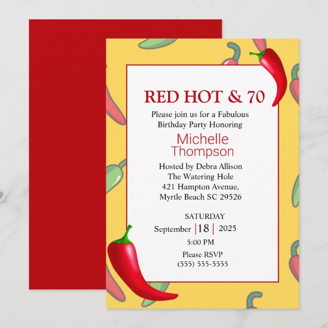 Funny Red Hot Pepper 70th  Birthday Invitation (Front/Back)