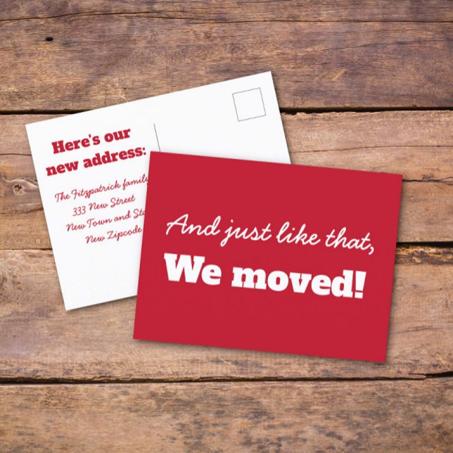 Funny Red Minimal Typography Moving Announcement Postcard (Creator Uploaded)
