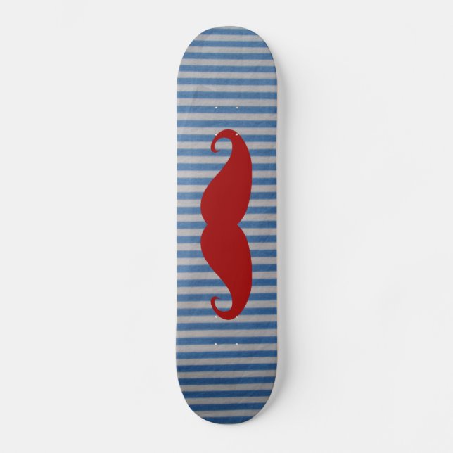 Funny Red Moustache And Blue White Stripes Skateboard (Front)