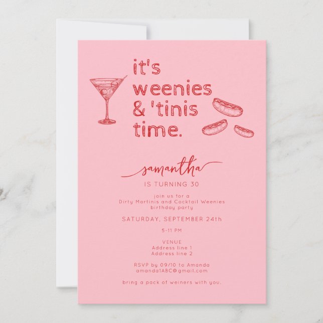 Funny Red Pink Weenies & Tinis Martini Birthday  Invitation (Front)