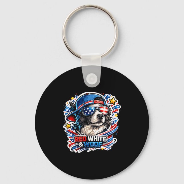 Funny red white and woof border collie dog keychain (Front)