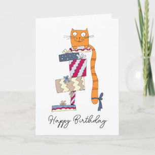 Funny redhead sits on a pile of gifts. card