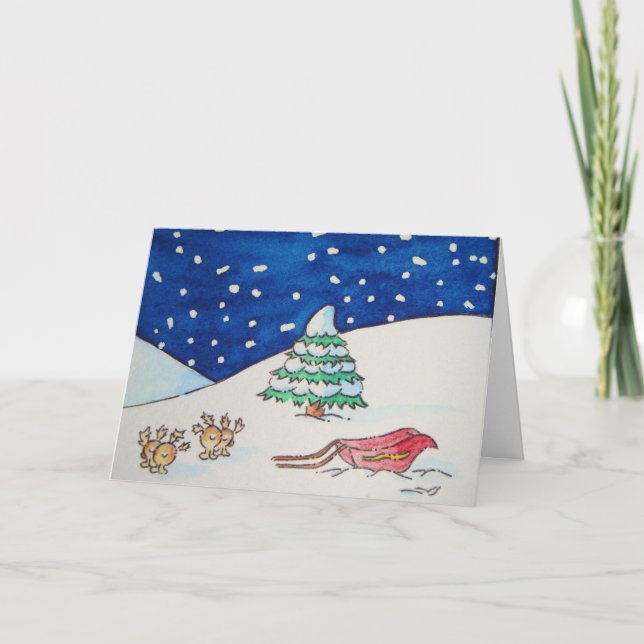 funny reindeer and sleigh in snow scene christmas holiday card (Front)