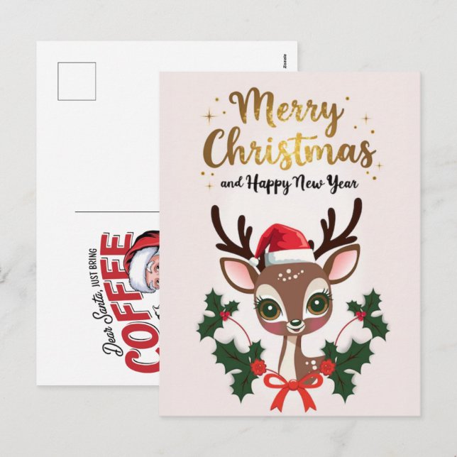 Funny Reindeer Christmas Greeting Cards, 2025 Holiday Postcard (Front/Back)