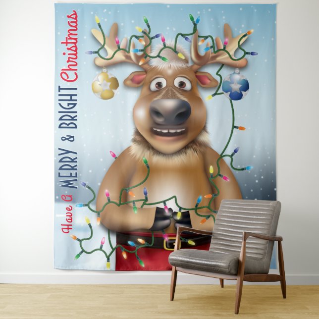 Funny Reindeer Christmas Holiday Backdrop Tapestry (In Situ)