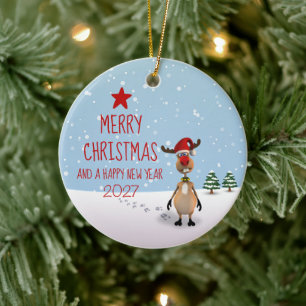 Funny Reindeer Christmas New Year Tree 2026 Ceramic Ornament