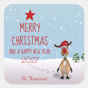 Funny Reindeer Christmas New Year Tree 2027 Square Sticker