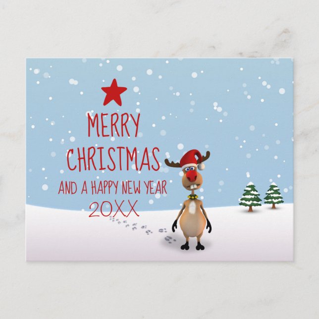 Funny Reindeer Christmas New Year Tree Postcard (Front)