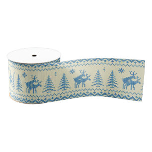 Funny Reindeer Christmas Tree Snow Blue Pattern Grosgrain Ribbon