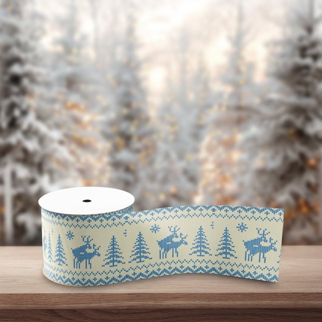 Funny Reindeer Christmas Tree Snow Blue Pattern Grosgrain Ribbon (Creator Uploaded)