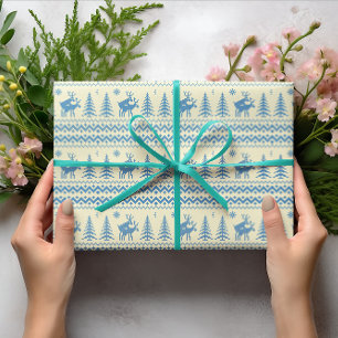 Funny Reindeer Christmas Tree Snow Blue Pattern Wrapping Paper