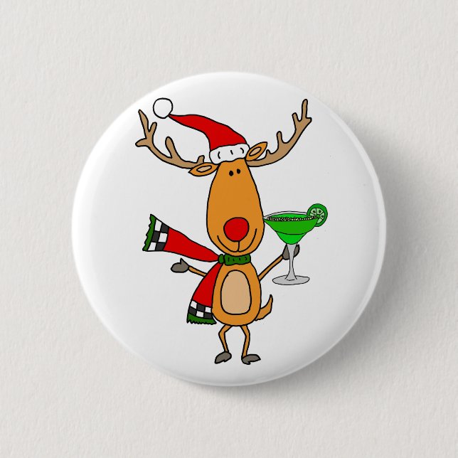 Funny Reindeer Drinking Margarita Christmas Art 2 Inch Round Button (Front)