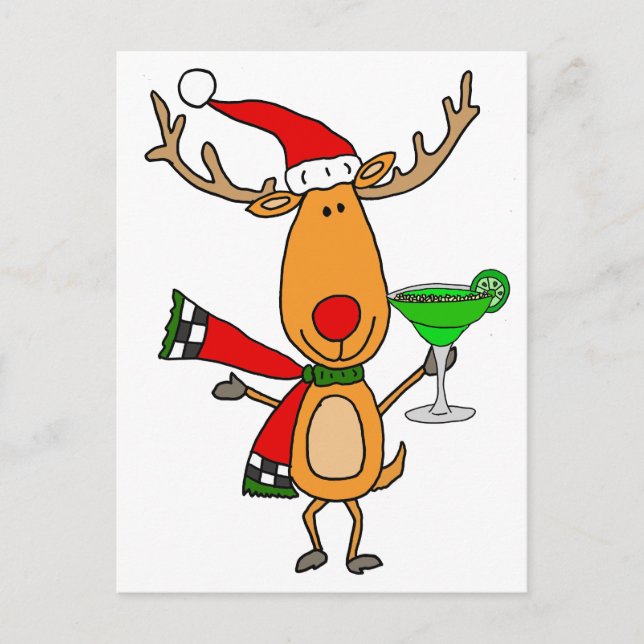 Funny Reindeer Drinking Margarita Christmas Art Holiday Postcard (Front)