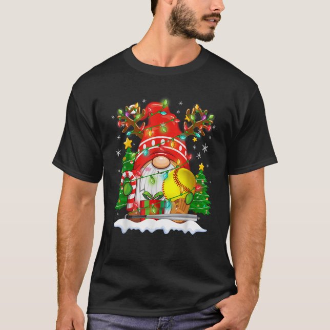 Funny Reindeer Gnome Softball Ball Christmas Light T-Shirt (Front)