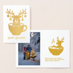 Funny Reindeer in a Cup Christmas Holiday Gold Foil Card