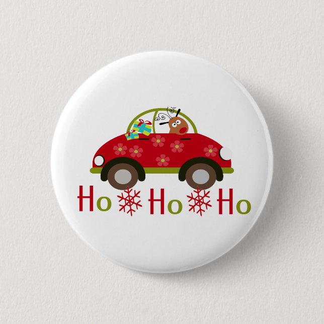 Funny Reindeer in car Christmas HO HO HO 2 Inch Round Button (Front)
