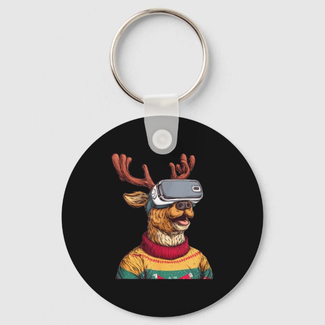 Funny Reindeer In Christmas Sweater And Vr Headset Keychain (Front)