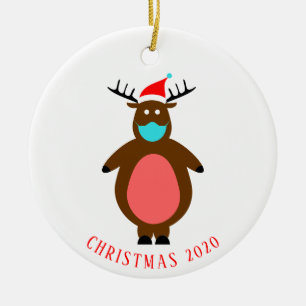 Funny Reindeer in Face Mask Personalized Christmas Ceramic Ornament