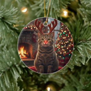 Funny Reindeer Kitty Rudolph Cat Christmas Ceramic Ornament