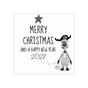 Funny Reindeer New Year Christmas Tree 2026 Rubber Stamp