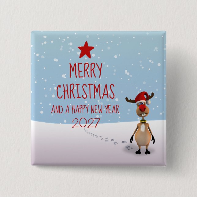 Funny Reindeer New Year Tree Christmas 2026 2 Inch Square Button (Front)