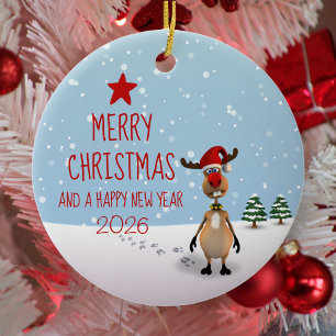 Funny Reindeer New Year Tree Christmas 2026 Ceramic Ornament