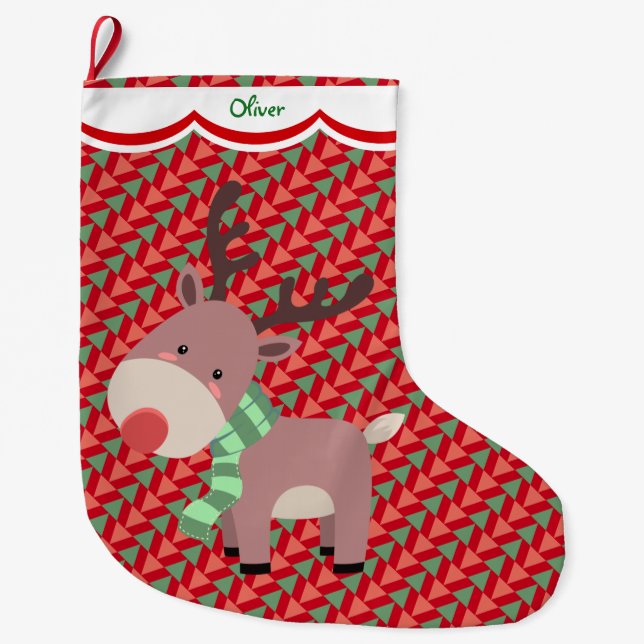 Funny Reindeer Pattern Personalized Large Christmas Stocking (Front)