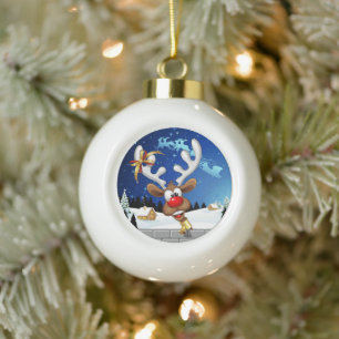 Funny Reindeer Peeking Christmas Meme  Ceramic Ball Christmas Ornament