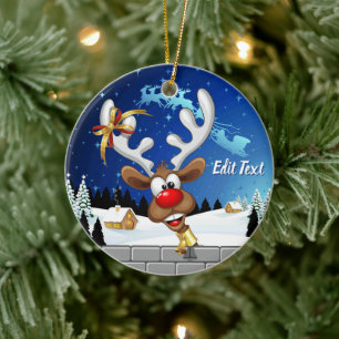 Funny Reindeer Peeking Christmas Meme  Ceramic Ornament