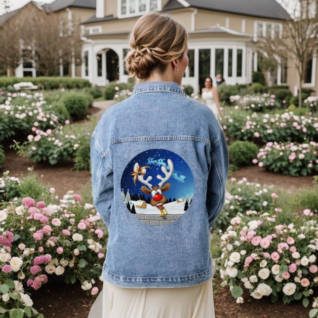 Funny Reindeer Peeking Christmas Meme  Denim Jacket (Wedding Back)