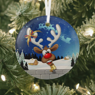 Funny Reindeer Peeking Christmas Meme  Glass Ornament