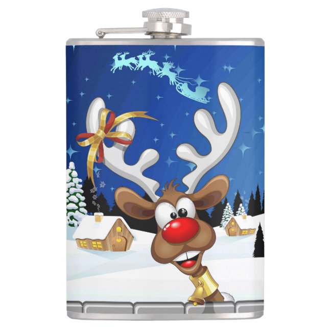 Funny Reindeer Peeking Christmas Meme  Hip Flask (Front)