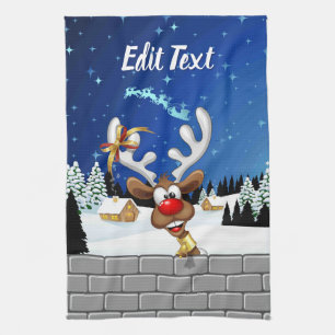 Funny Reindeer Peeking Christmas Meme  Kitchen Towel
