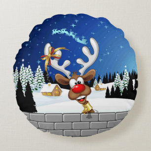 Funny Reindeer Peeking Christmas Meme  Round Pillow