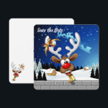 Funny Reindeer Peeking Christmas Meme  Save The Date<br><div class="desc">A Funny cartoon reindeer with a bright red nose and large white antlers, adorned with a red and gold bow, peeks through an open window. Outside, a snowy landscape with silhouetted pine trees and a small, glowing house is visible under a dark blue, star-filled night sky. Santa's sleigh pulled by...</div>