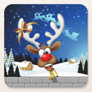 Funny Reindeer Peeking Christmas Meme  Square Paper Coaster