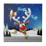 Funny Reindeer Peeking Christmas Meme  Tile<br><div class="desc">A Funny cartoon reindeer with a bright red nose and large white antlers, adorned with a red and gold bow, peeks through an open window. Outside, a snowy landscape with silhouetted pine trees and a small, glowing house is visible under a dark blue, star-filled night sky. Santa's sleigh pulled by...</div>