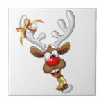 Funny Reindeer Peeking Christmas Meme  Tile<br><div class="desc">A Funny cartoon reindeer with a bright red nose and large white antlers, adorned with a red and gold bow, peeks through an open window. Outside, a snowy landscape with silhouetted pine trees and a small, glowing house is visible under a dark blue, star-filled night sky. Santa's sleigh pulled by...</div>