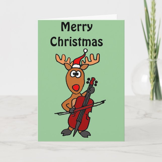 Funny Reindeer Playing Cello Christmas Holiday Card (Front)