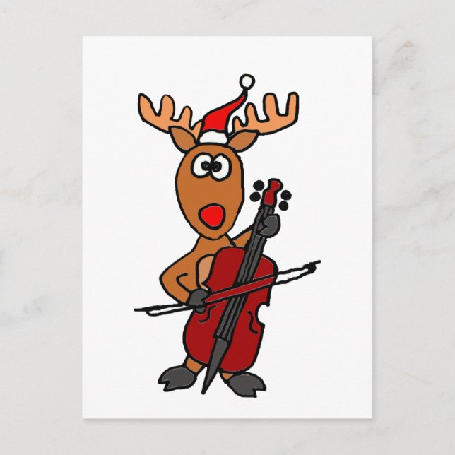 Funny Reindeer Playing Cello Christmas Holiday Postcard (Front)