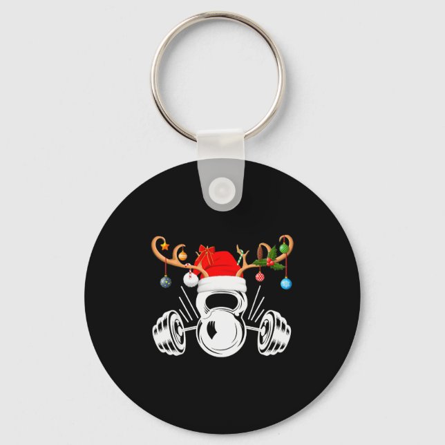 Funny Reindeer Santa Hat Weightlifting Fitness Chr Keychain (Front)