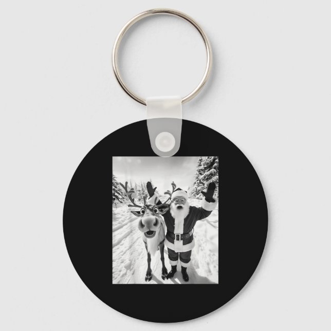 Funny Reindeer Santa Selfie Christmas Party Xmas P Keychain (Front)
